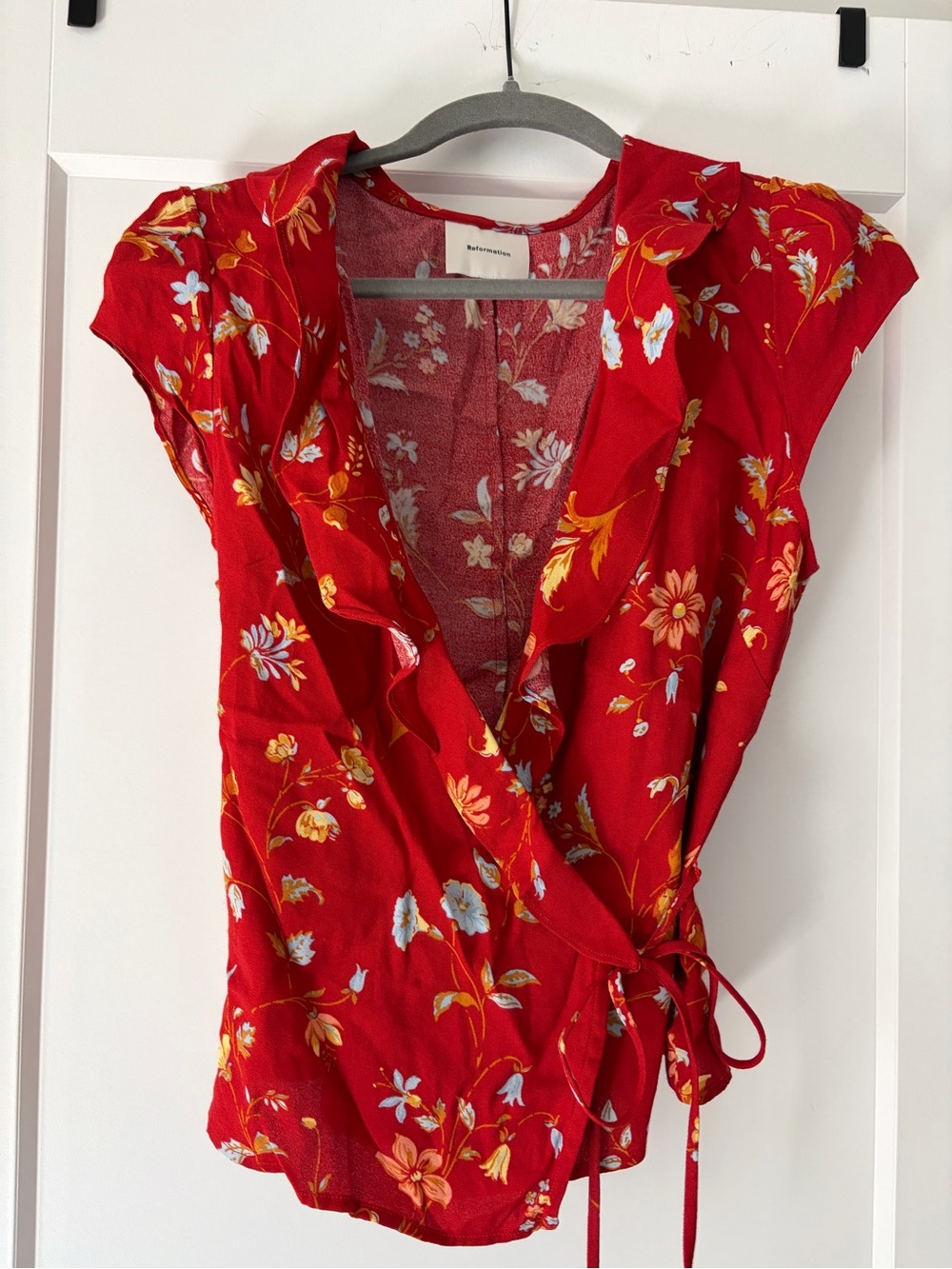 Reformation Red Floral Ruffle Wrap Top - Picture 9 of 11